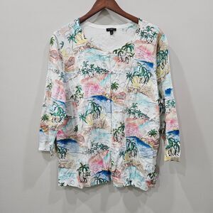 Talbots Womens Beach Cardigan Plus Size 2X Multicolor Cotton Blend Palm Trees